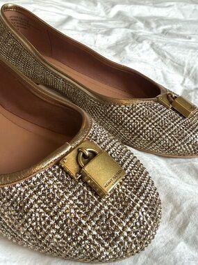 Kurt Geiger London Gold Crystal Embellished Ballet Flats Lock Detail